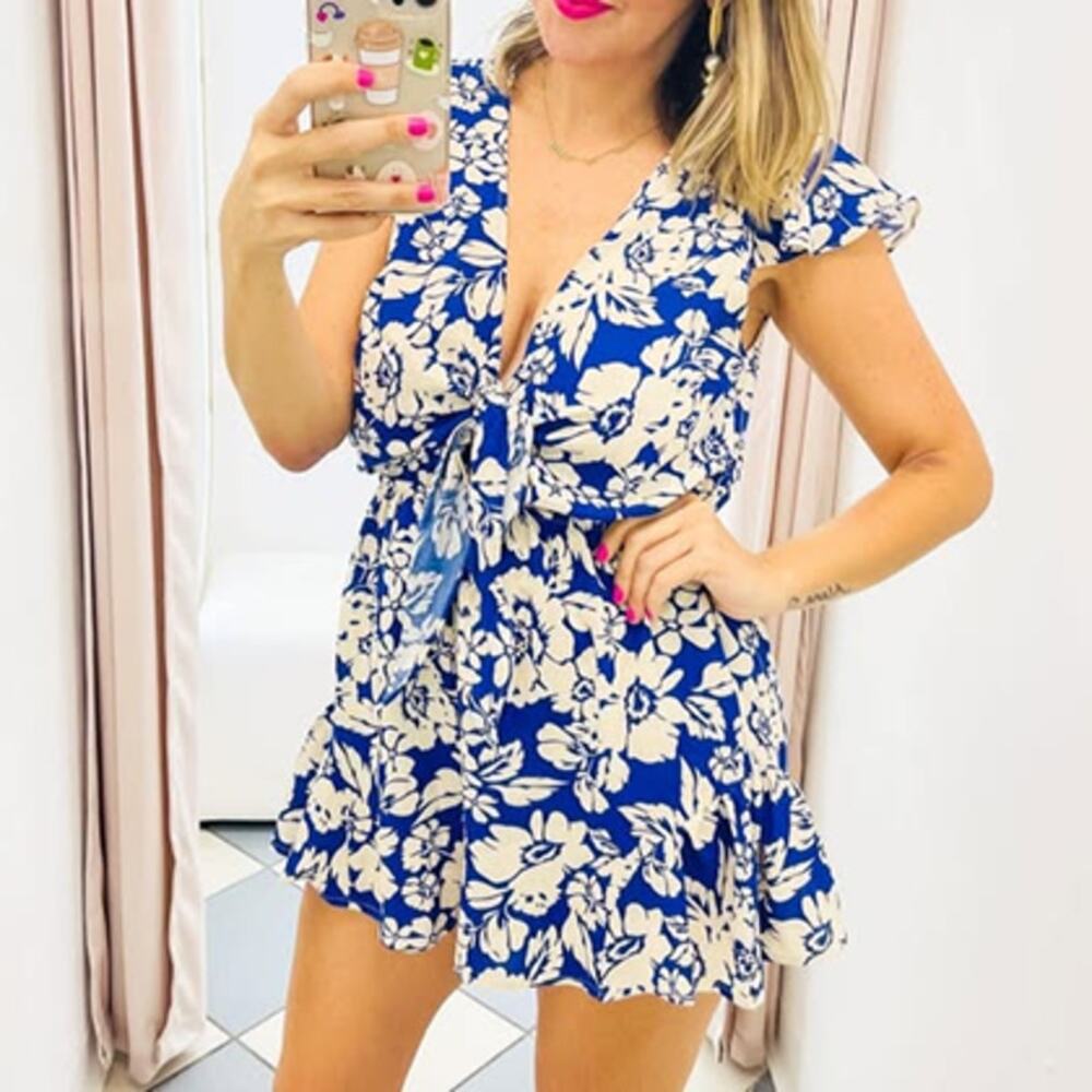 AaKaa Bohemian Floral Tie-Front Romper Blue / White Size L